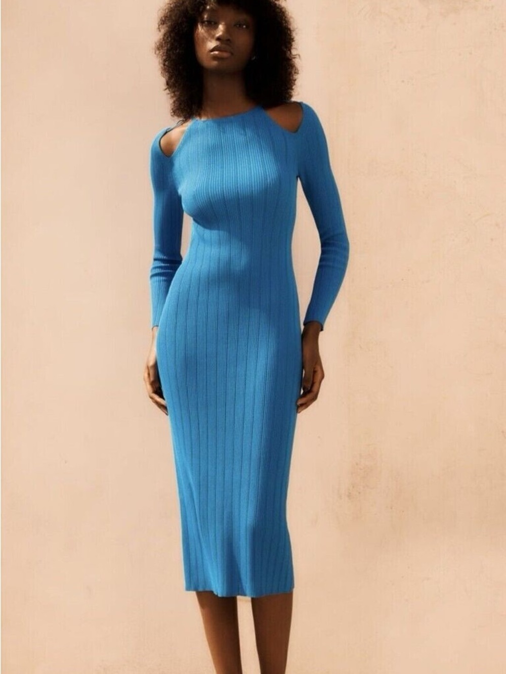 Zara Blue Ribbed Cutout Long Sleeve Midi Dress